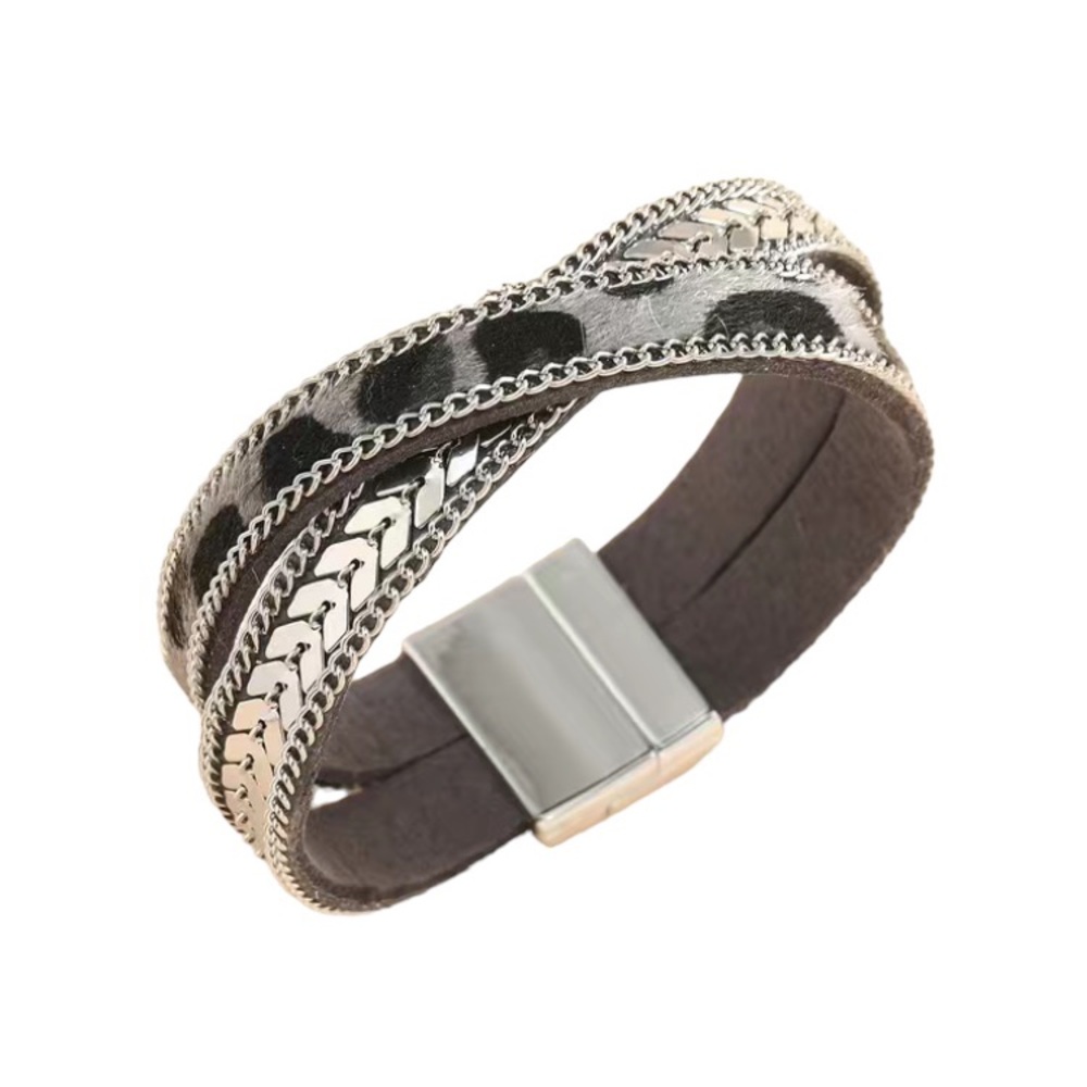 Cheetah Leopard Print Gray Silver Twisted Magnetic Bracelet